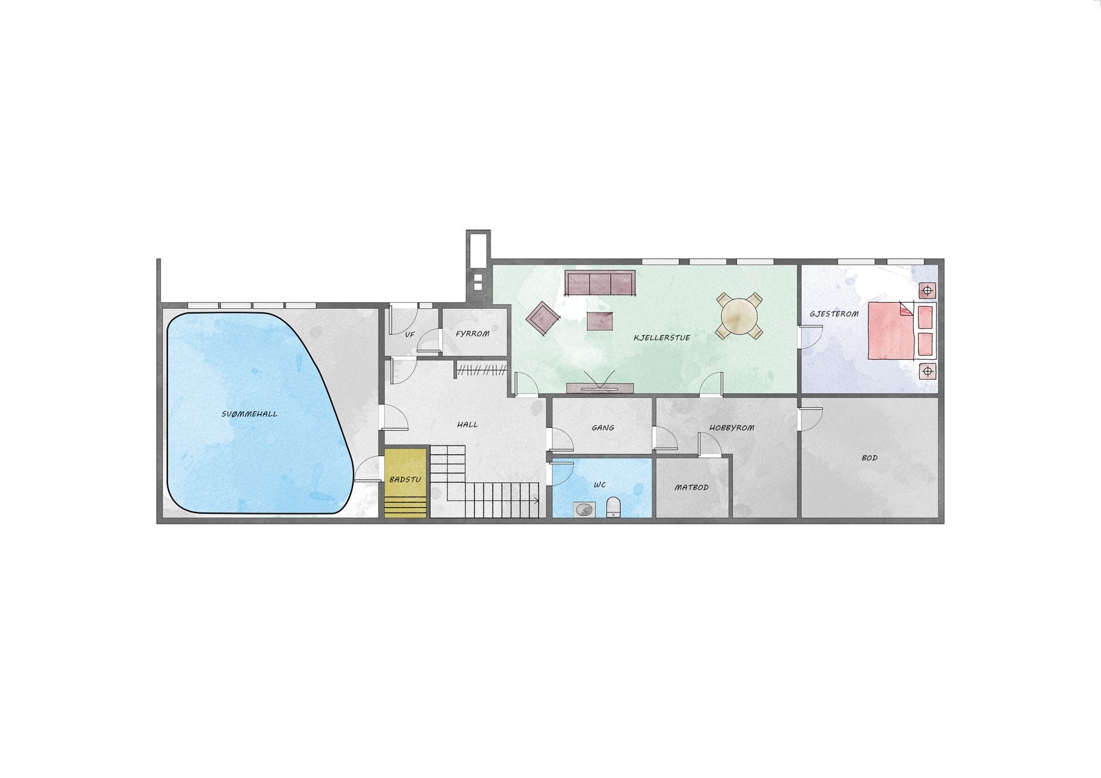 1. etasje har et areal på 164 m² i tillegg til carport med gulvareal på 21 m² - Bassengrommet utgjør 42.5 m² Galleribilde