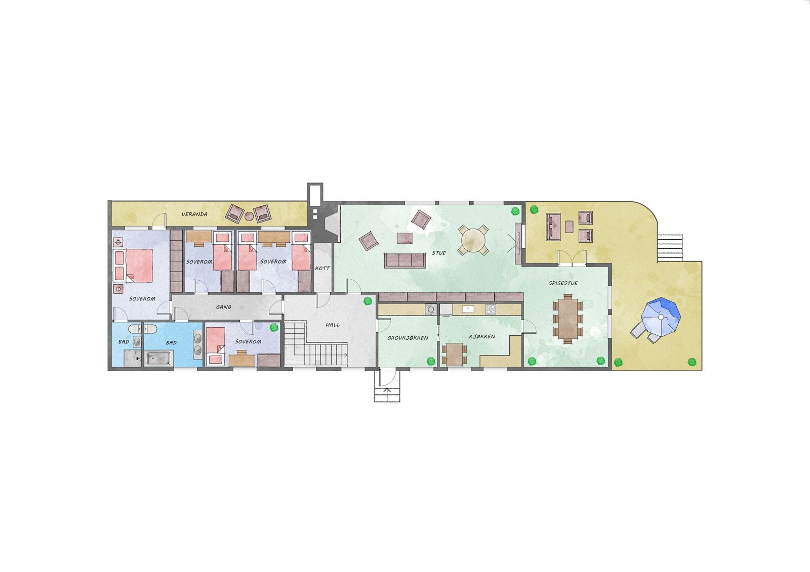 2. etasje har et areal på 161 m² + altan på 10 m² og terrasse på 60 m² Galleribilde