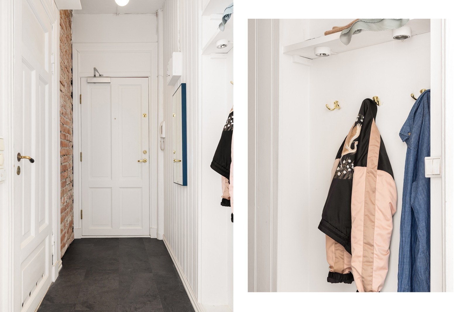 Et hyggelig inngangsparti i tidsriktige farger ønsker deg velkommen hjem. Her er det også knaggeoppheng til yttertøy samt dørcalling. Galleribilde