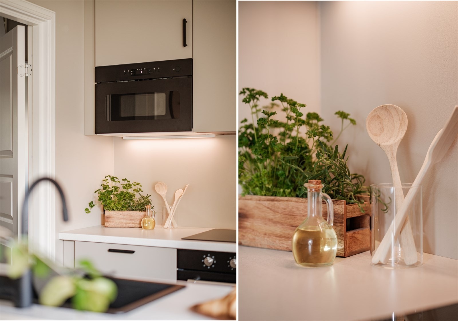 Delikat kjøkken med glatte overflater og benkeplate av laminat med nedfelt oppvaskkum. Galleribilde