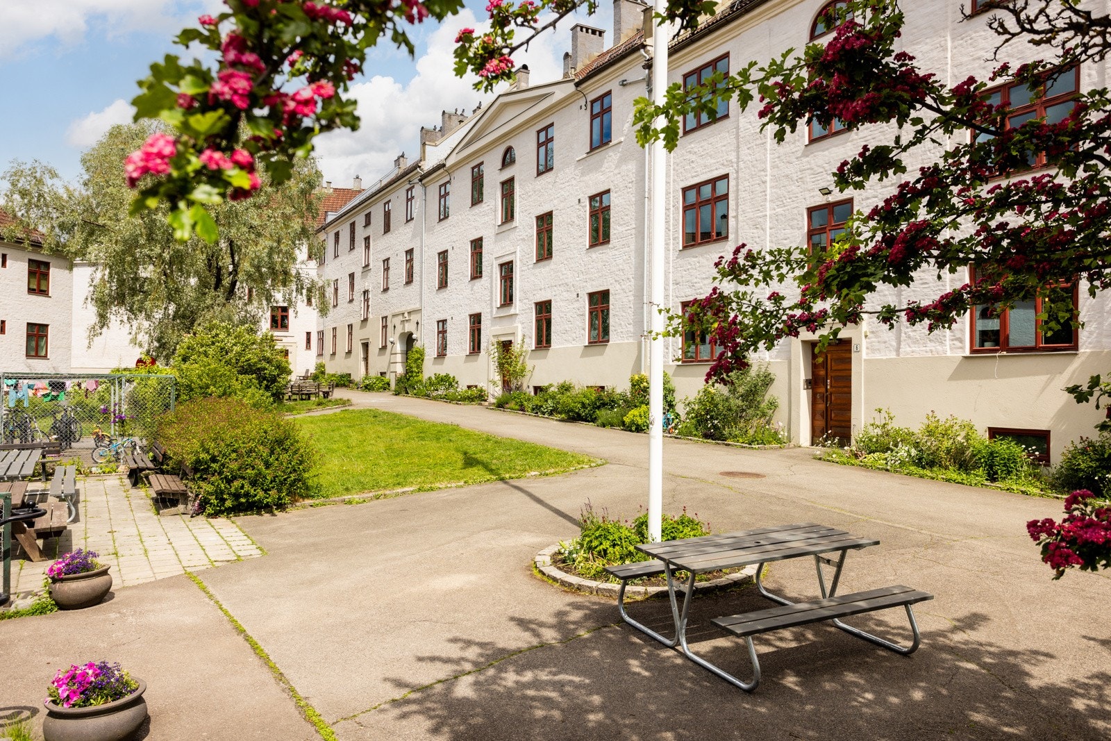 Parkmessig utformet med gressplener, trær og beplantning. Galleribilde