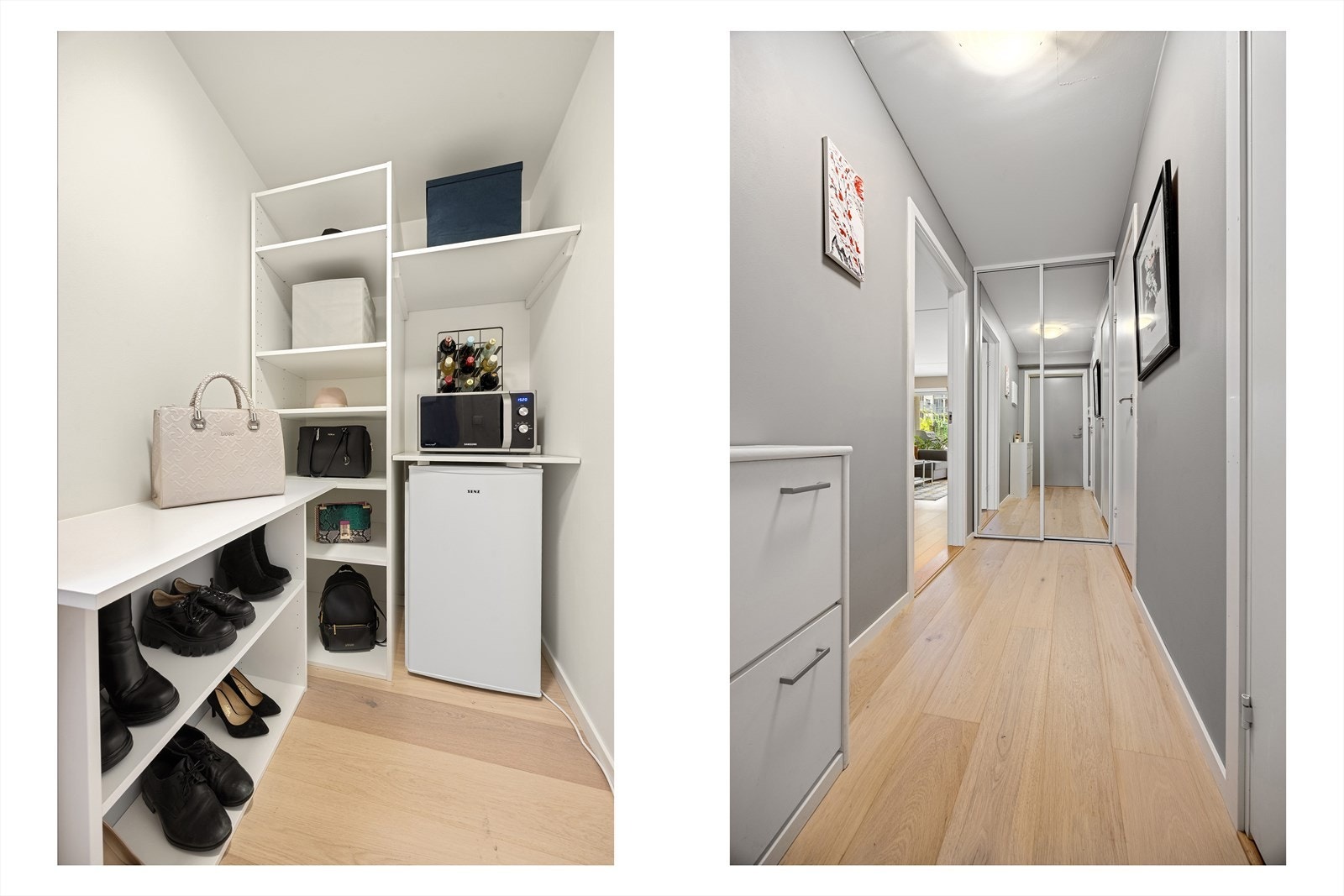 Lys entré med gode oppbevaringsmuligheter - både i skyvedørsgarderobe og i praktisk omkledsningsrom Galleribilde