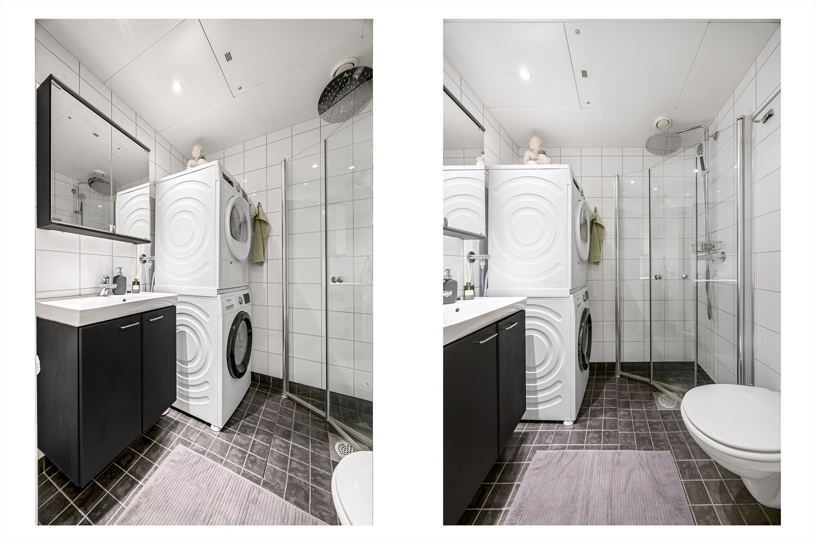 Badet har opplegg for vaskemaskin og mekanisk avtrekk. Det er dusjhjørne med innfellbare dusjdører og dusjarmatur fra 2022, med både regndusj og hånddusj Galleribilde