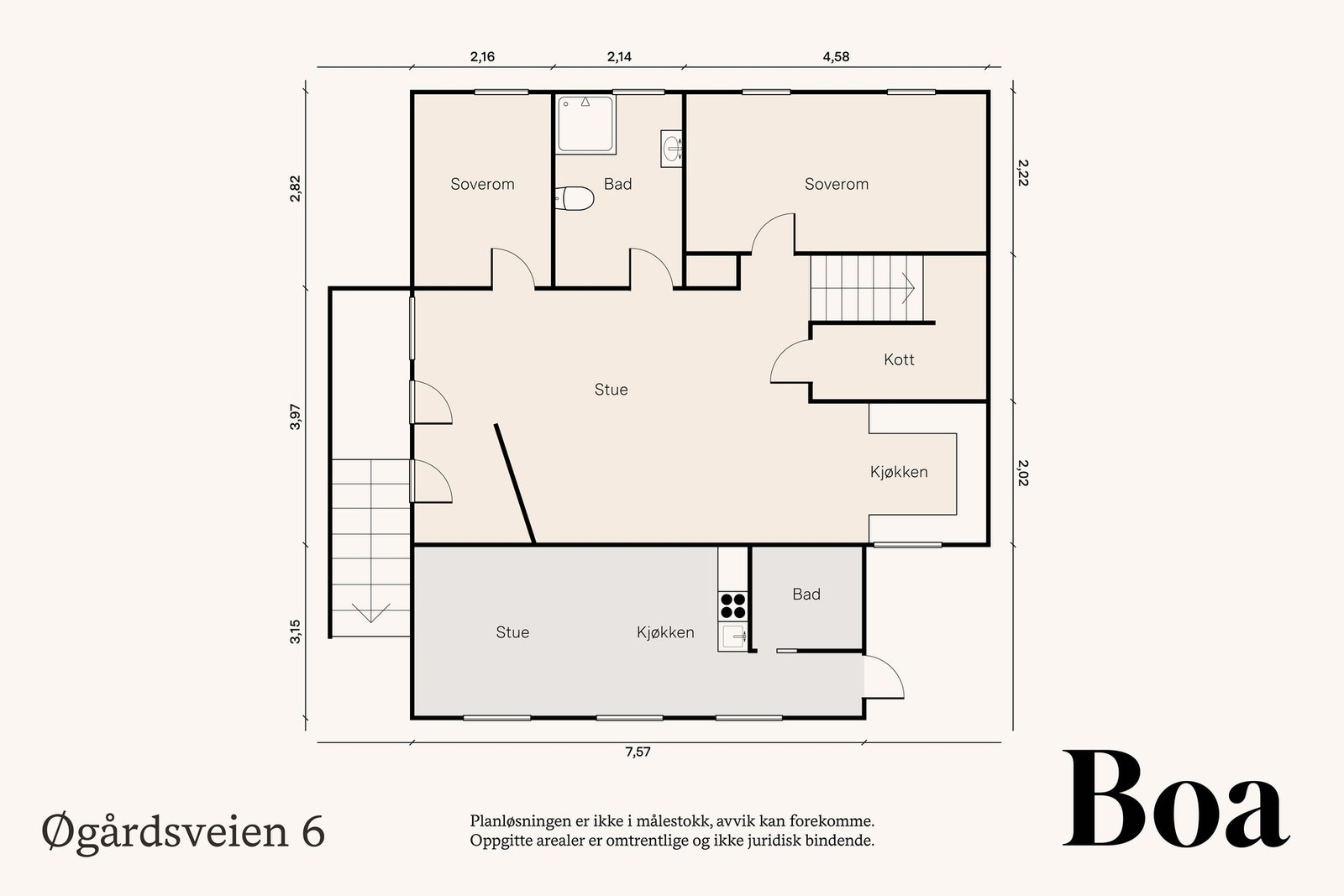 Hybel 1: Vindfang, bad/vaskerom, kott, 2 soverom, stue/kjøkken m/trapp
Hybel 2, som kun har utvendig atkomst: Entre, bad, stue/kjøkkken. Galleribilde