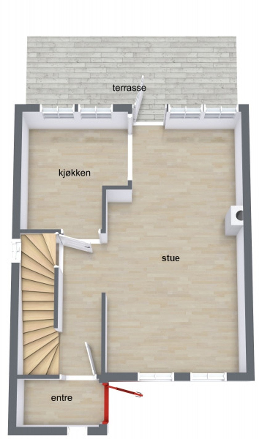 1.etg. byr på: Vindfang, hall m/trapp, kjøkken og stue. Galleribilde