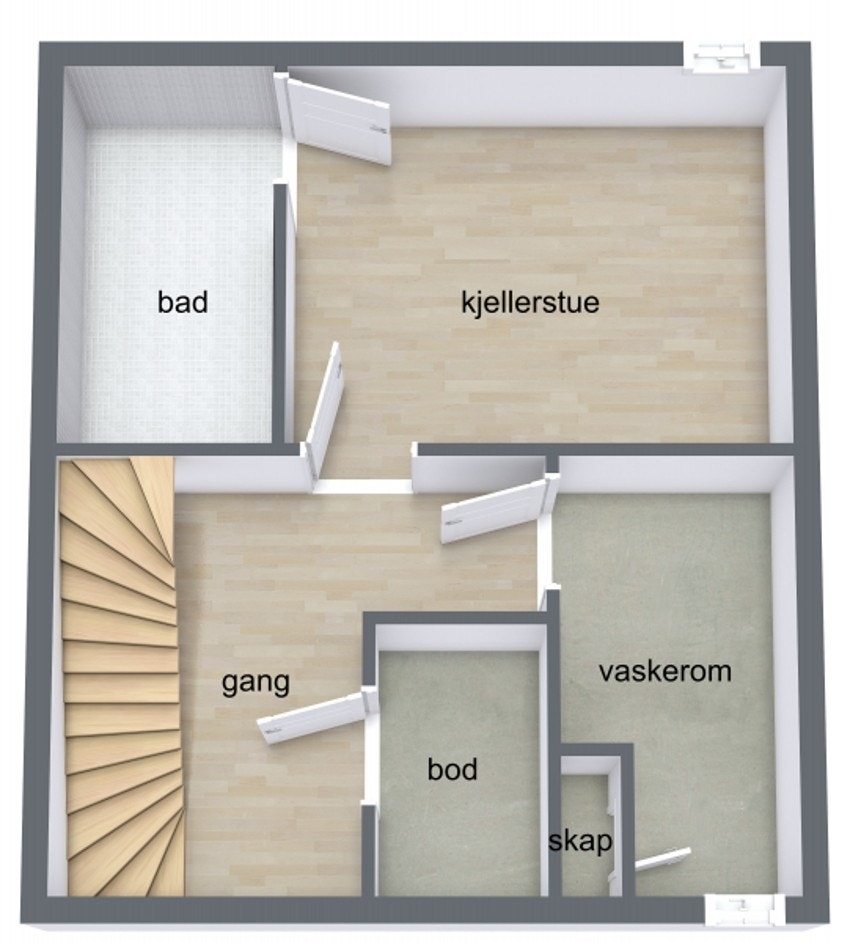 Innredet kjeller som byr på: gang, vaskekjeller, bod, toalettrom og kjellerstue. Galleribilde