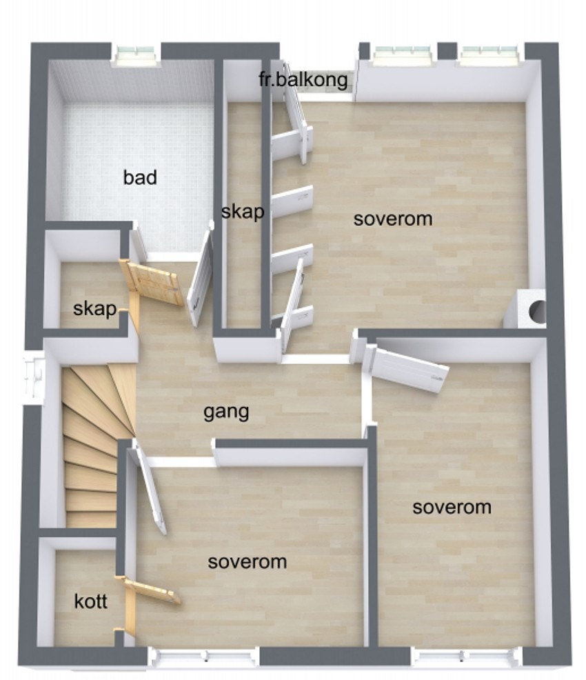 2.etg. byr på: 3 soverom og bad/vaskerom. Galleribilde