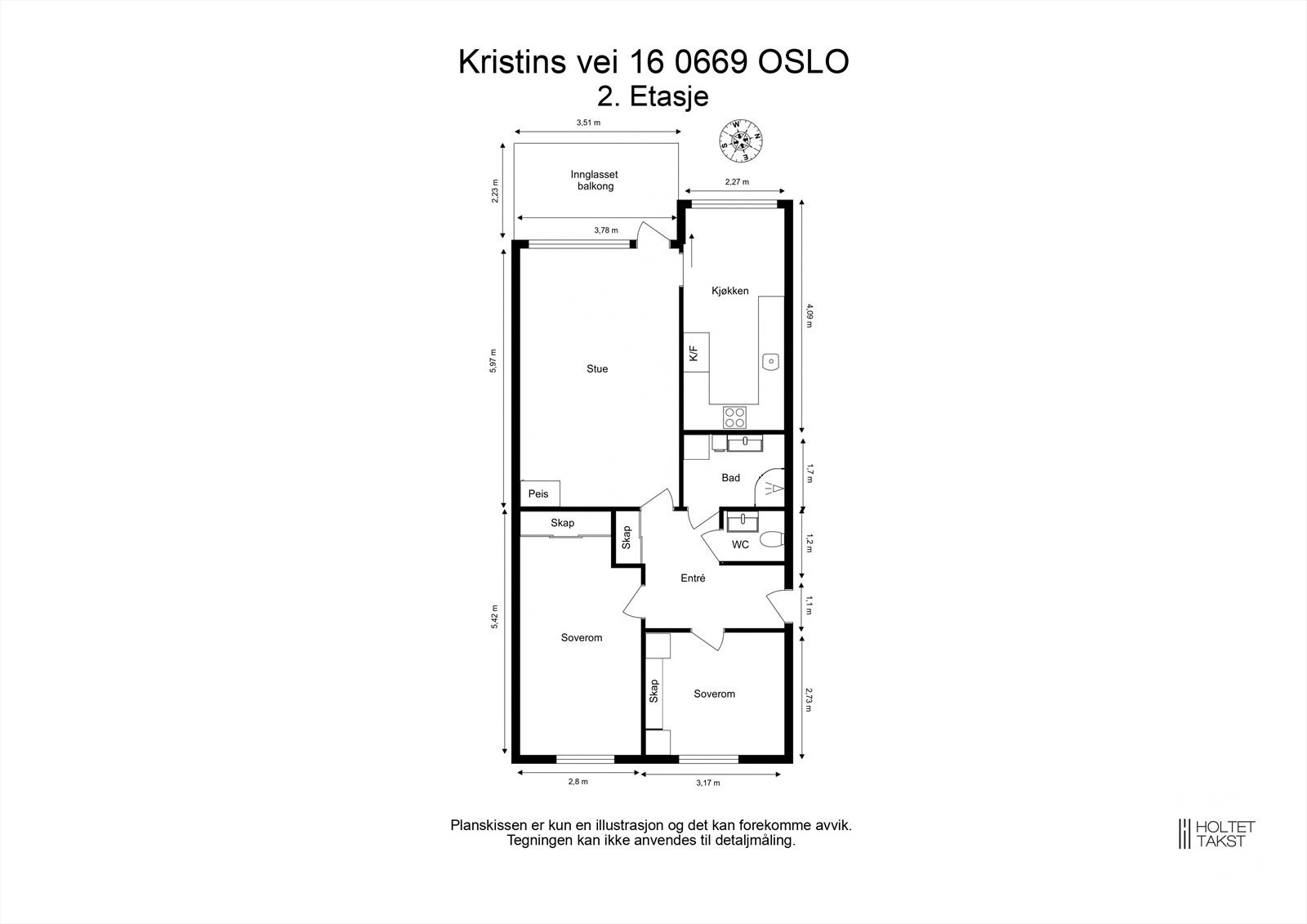 Leiligheten har en funksjonell planløsning som består av entré, kjøkken, stue, bad, toalettrom og to soverom. Galleribilde