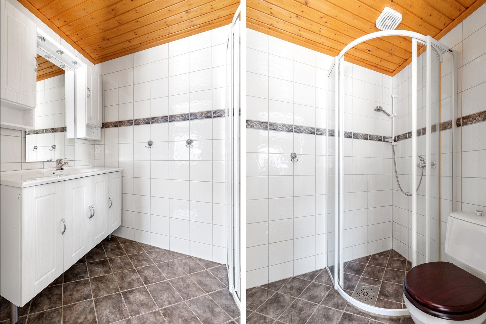 Flislagt bad med lys innredning, integrert servant, toalett og dushjørne Galleribilde