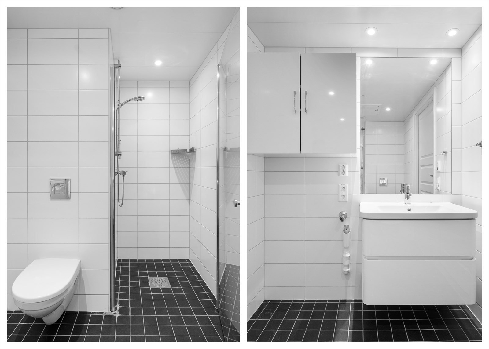 Bad med flislagt gulv m/ varmekabler, flislagte vegger og himling med downlights. Rommet er utstyrt med vegghengt toalett, dusjhjørne m/dusjdører i herdet glass, heldekkende servant med underskap, speil med belysning og overskap Galleribilde