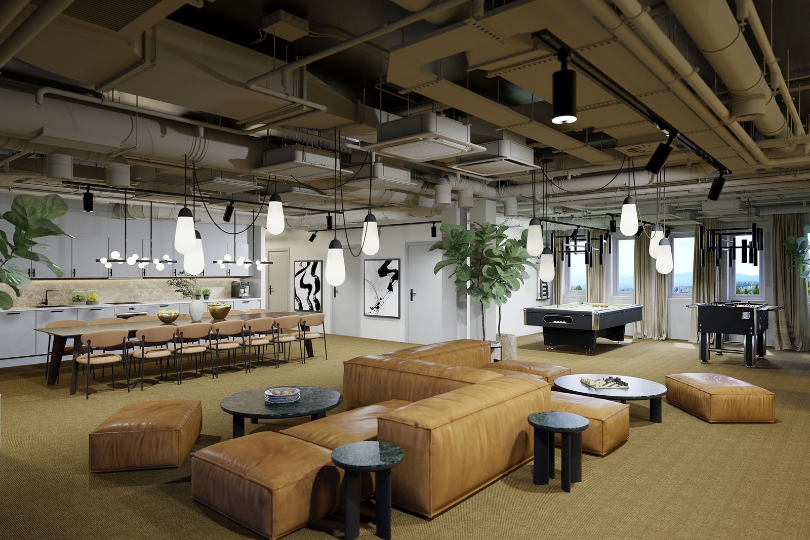 Eksempel sosial sone/møterom.
3D-illustrasjon som skal gi et bilde av standard og mulig utforming etter rehabilitering. Det tas forbehold om endringer. Galleribilde