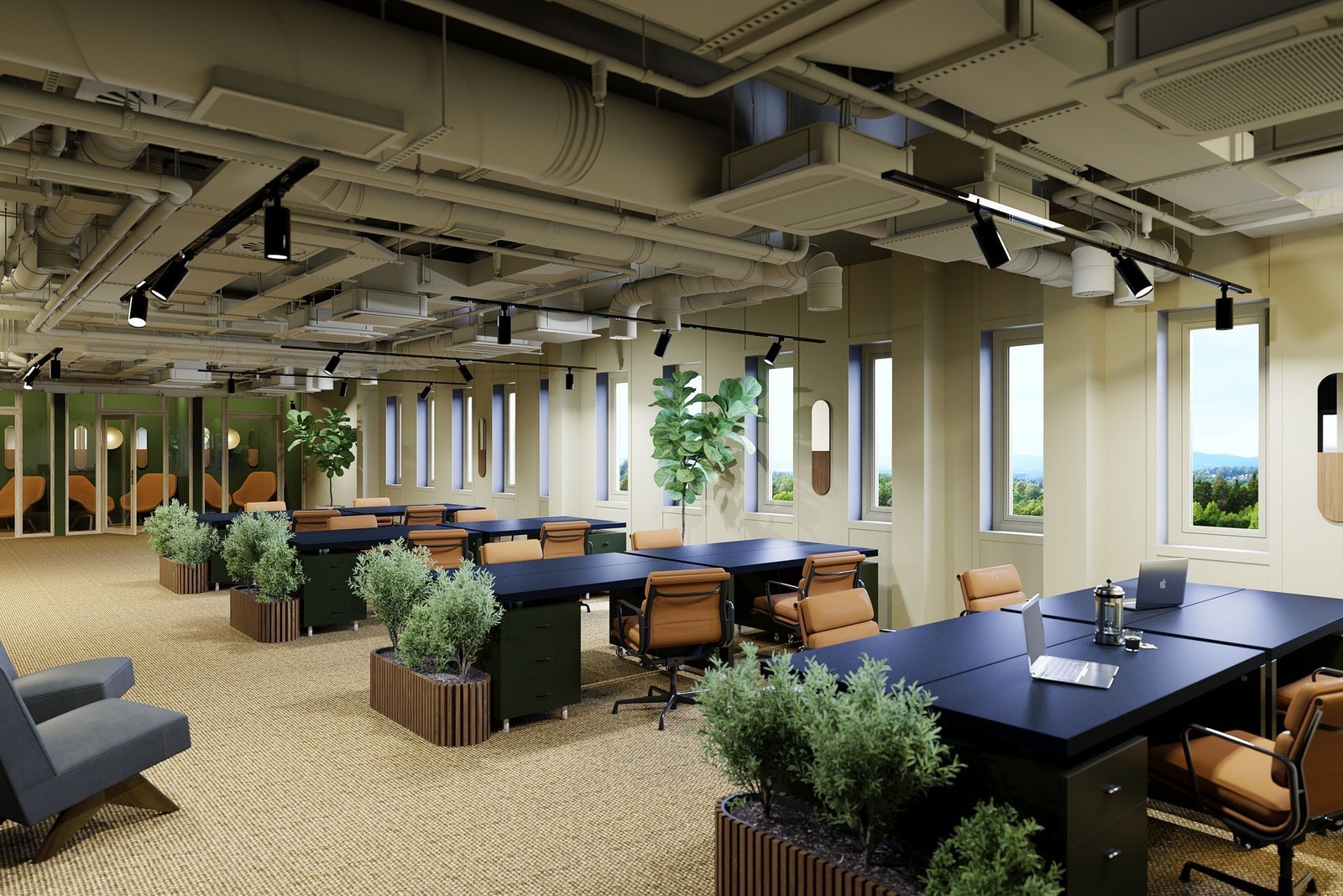 Eksempel på kontorlandskap.
3D-illustrasjon som skal gi et bilde av standard og mulig utforming etter rehabilitering. Det tas forbehold om endringer. Galleribilde