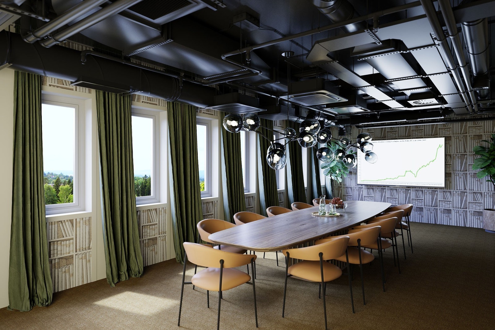 Møterom etter oppussing.
3D-illustrasjon som skal gi et bilde av standard og mulig utforming etter rehabilitering Galleribilde