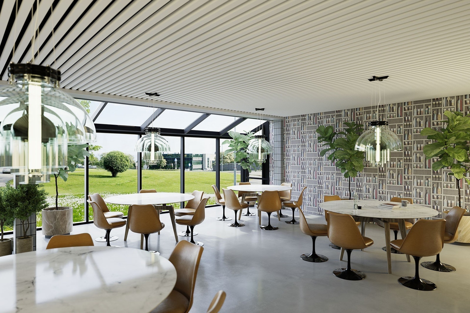 Kantine etter oppussing.
3D-illustrasjon som skal gi et bilde av standard og mulig utforming etter rehabilitering. Det tas forbehold om endringer. Galleribilde