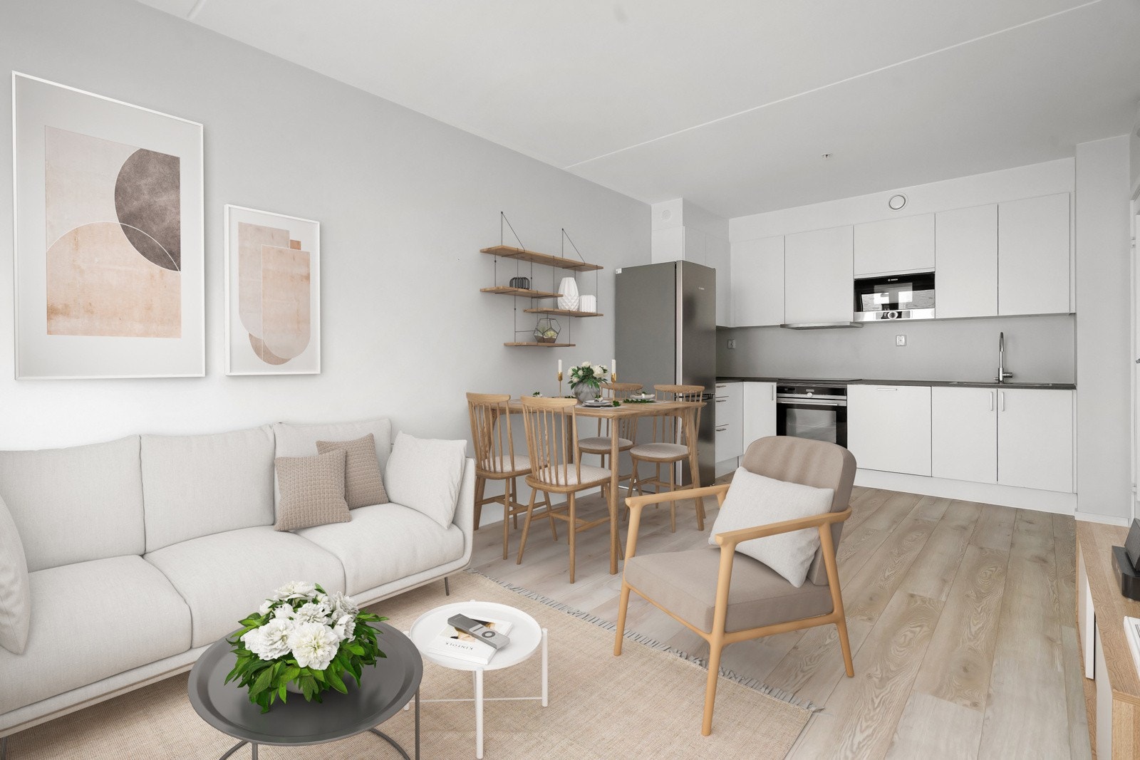 Det er lagt slitesterkt laminatgulv og stuen er malt lyse, delikate fargetoner. Bildet er virtuelt møblert. Galleribilde