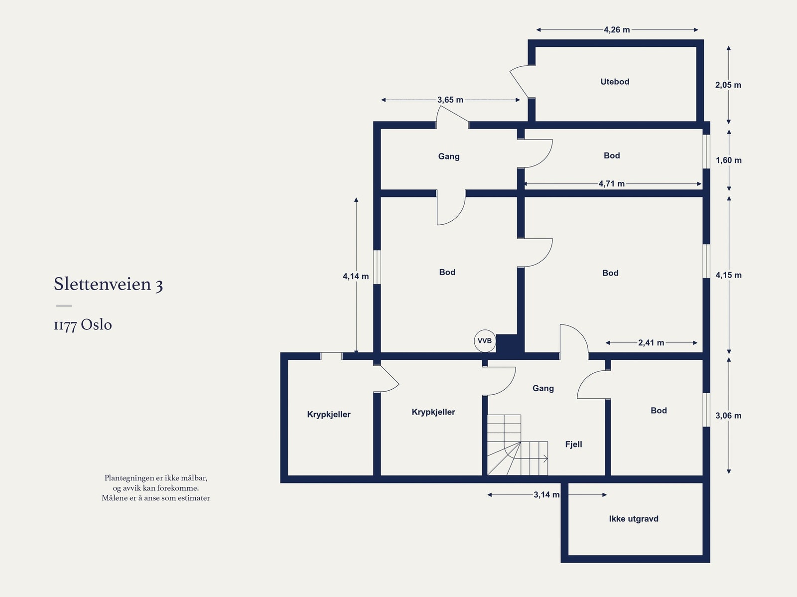 Plantegning kjeller bestående av gang og bodareal. Galleribilde