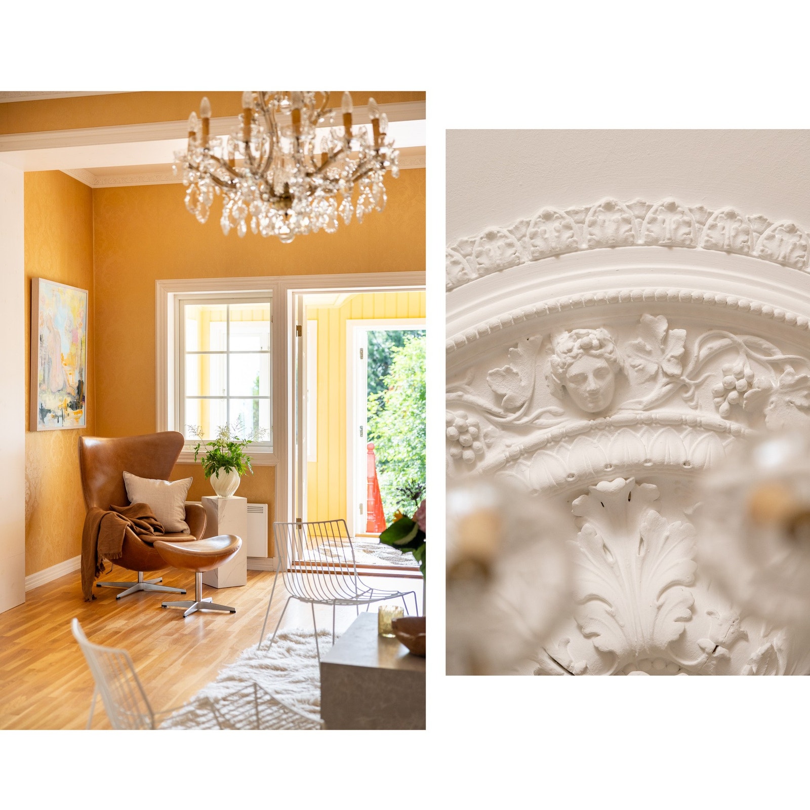 Unike detaljer i himling med både rosett og stukkatur. Galleribilde