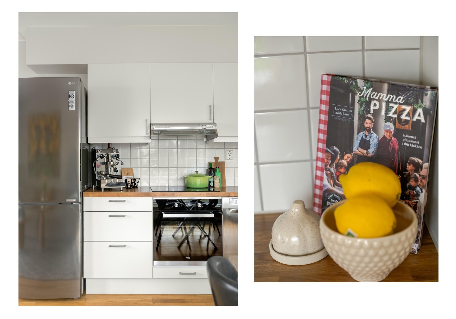 Innredningen betår av glatte fronter, benkeplate i tre, integrert stekeovn og platetopp, oppvaskmaskin og kjøl- og fryseskap. . Galleribilde