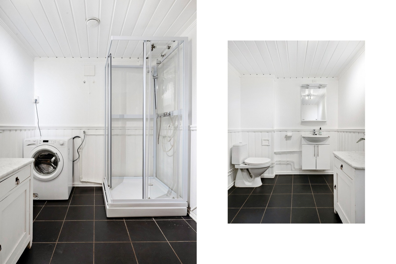 Delvis rehabilitert bad i 2006. Badet har flis på gulv, malt panel og strie på vegger. Her finner du toalett, vask, dusjkabinett og opplegg til vaskemaskin. Galleribilde