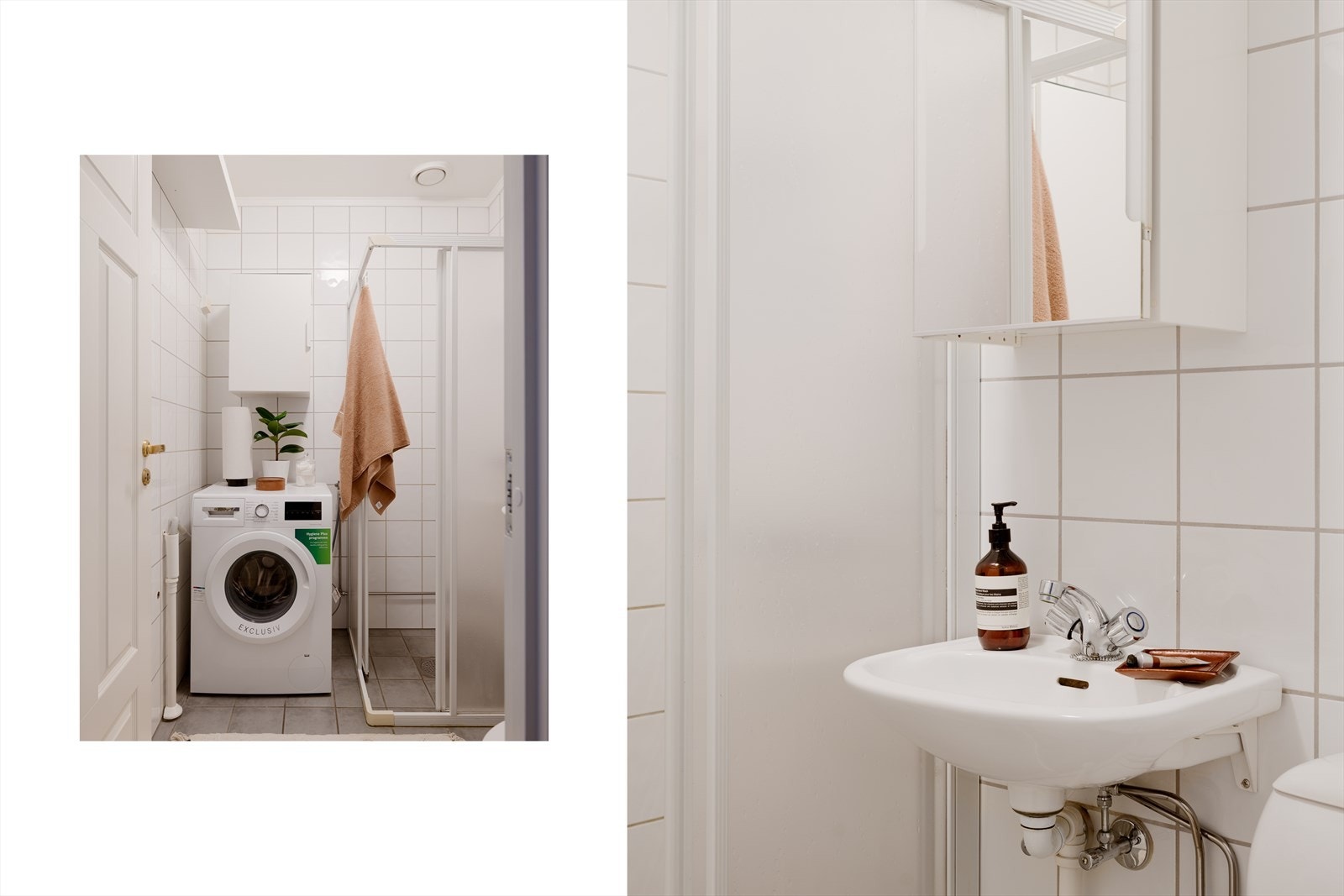 Badet er innredet med dusjhjørne, servant, speilskap, gulvstående toalett og har opplegg for vaskemaskin. Galleribilde