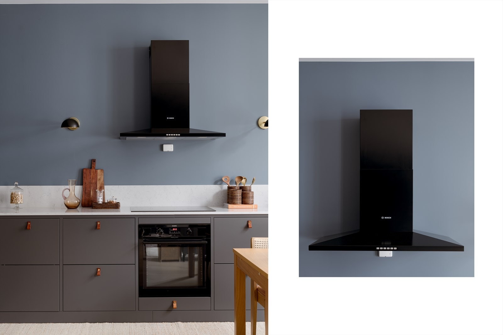 Innredningen har slette lakkerte fronter, skinngrep og overskap med benkebelysning. Hvit komposittstein benkeplate i silestone fra Allstein. Galleribilde