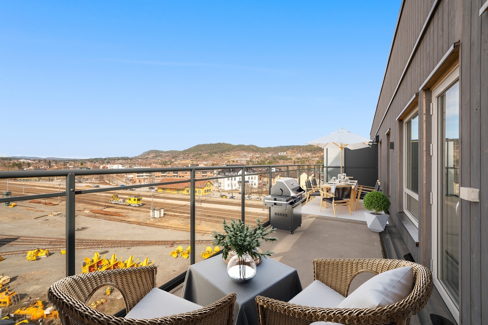 Fra stuen er det utgang til stor balkong på ca. 25kvm med flott utsikt (digital møblering) Galleribilde