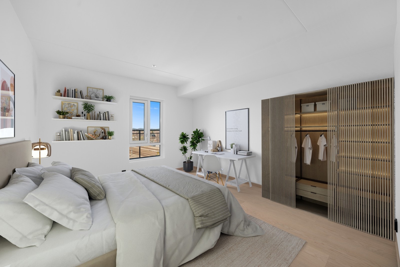 Hovedsoverom med god plass til dobbeltseng og garderobeskap (digital møblering) Galleribilde