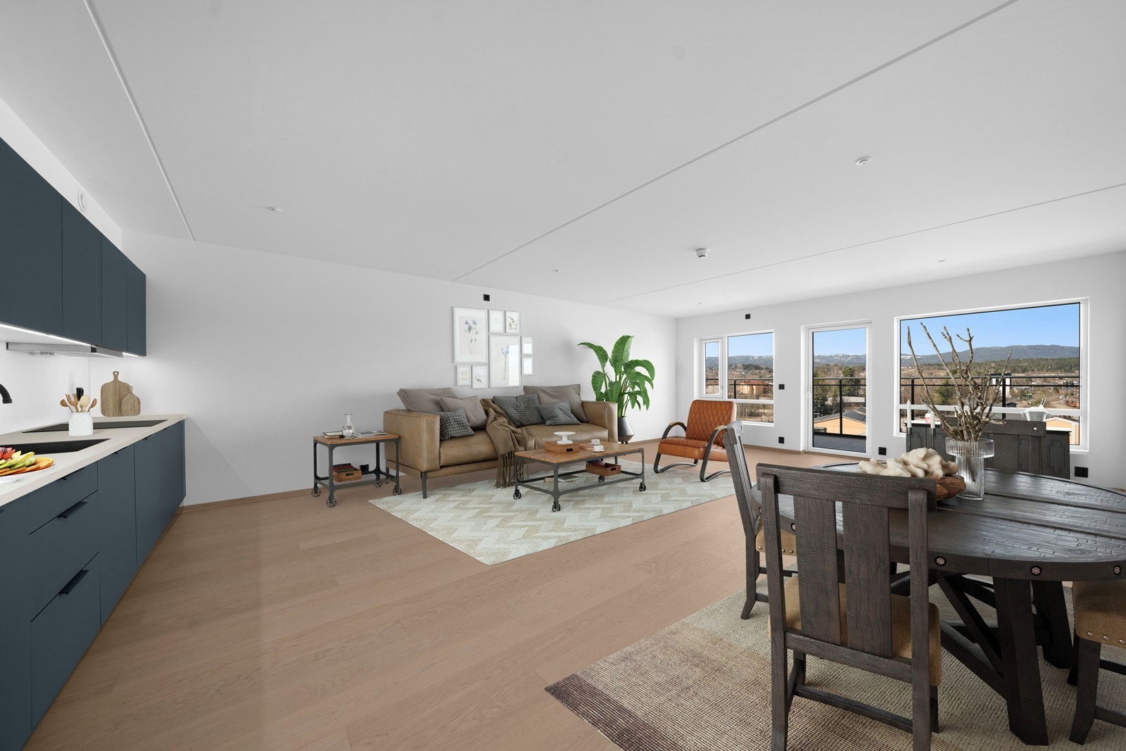 Stor eierleilighet med flott utsikt. Det er god plass til sofagruppe og stort spisebord (digital møblering) Galleribilde