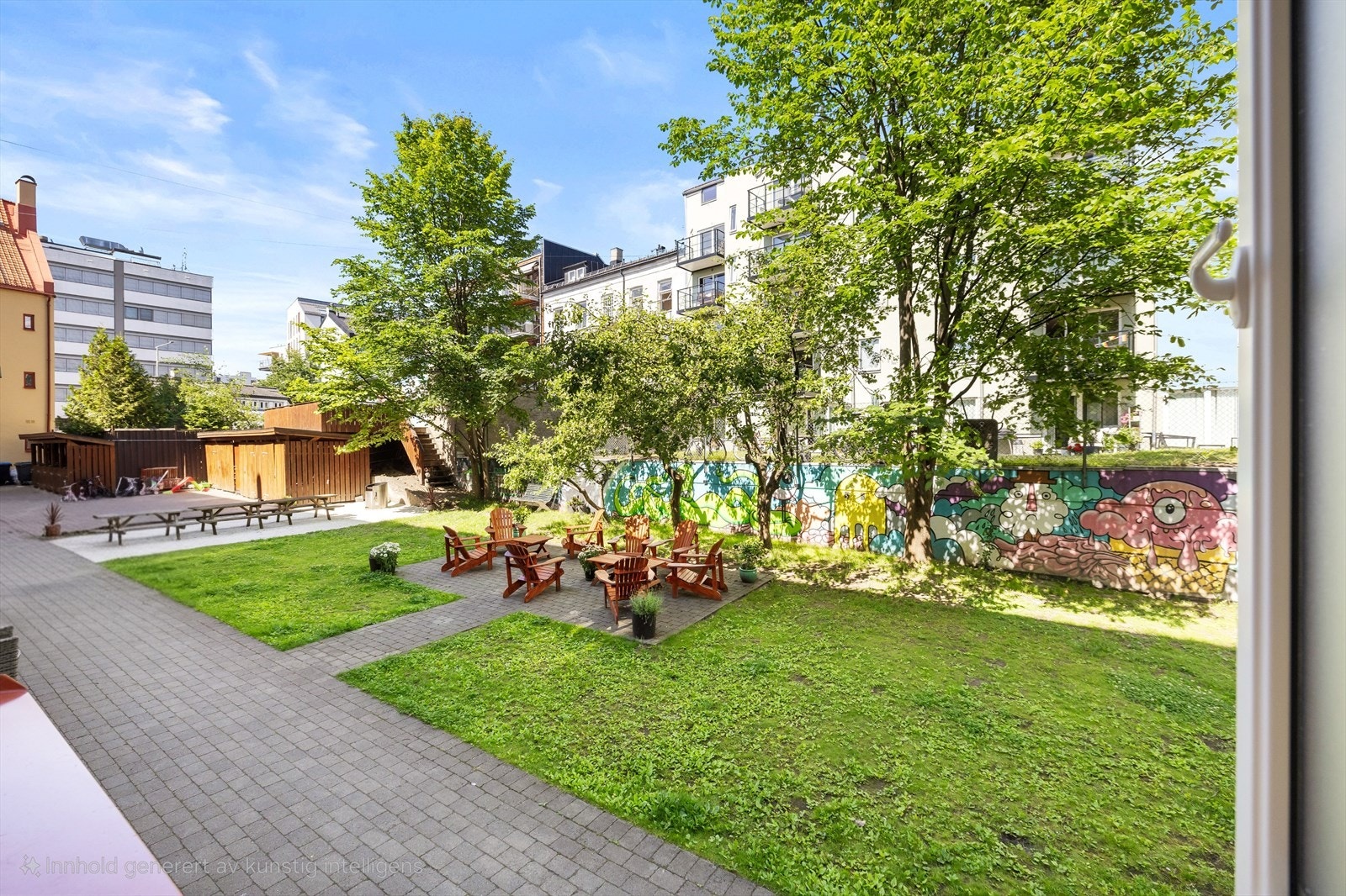 Det finnes flere sittegrupper og grill for å kunne nyte de varme sommerdagene Galleribilde