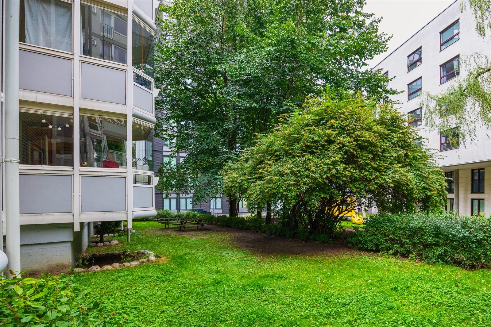 Felles hage med gressplen og benker. Perfekt for varme sommerdager. Galleribilde