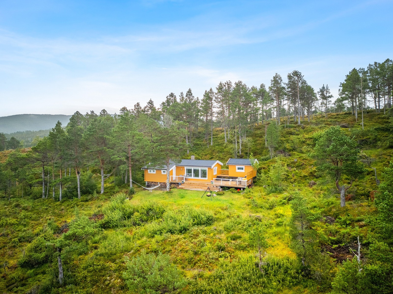 Hytta ligger usjenert til blant trærne. Galleribilde