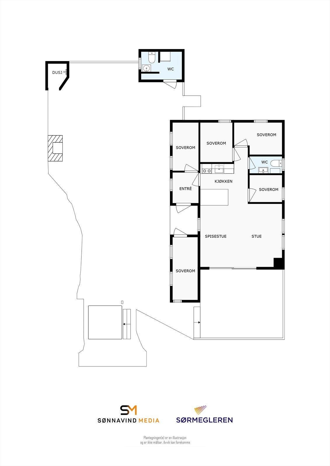 Plantegning. Det som er skrevet inn som soverom i tilknytning av entre er ikke godkjent. Tegninger illustrerer ikke hva tilbygget er godkjent som, megler kan derfor ikke kontrollere bruken av rommet Galleribilde