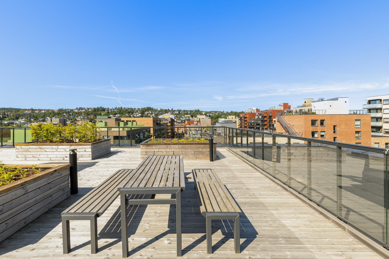 Ved byggets takterrasse finner man et sosialt fellesområde med planter, sittebenker og bord, - perfekt for å nye utsikten. Galleribilde