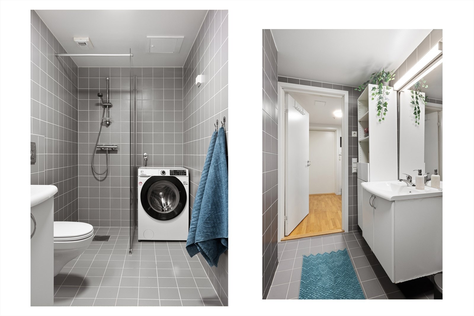 Badet er utstyrt med dusjhjørne med blandebatteri, veggmontert toalett og baderomsinnredning med skap, hvit servant og blandebatteri fra Damixa og speil. Galleribilde