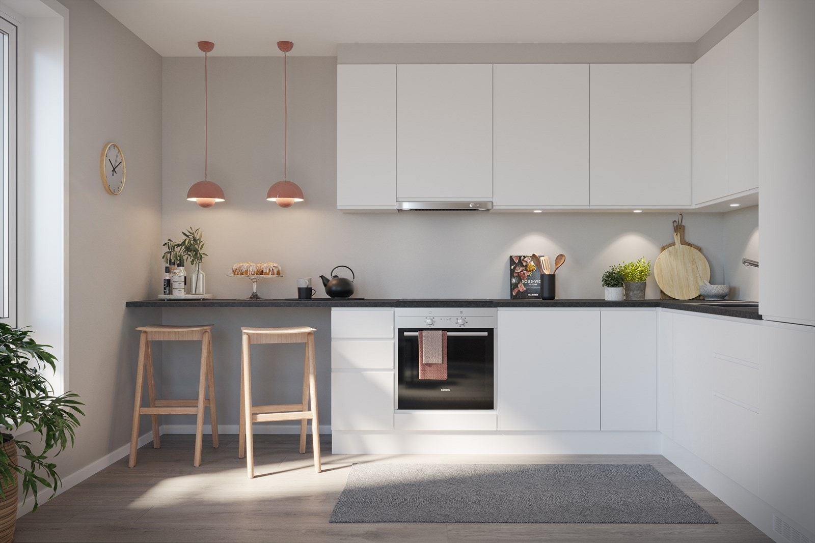 Tidløs kjøkkeninnredning fra Sigdal med innfreste håndtak, integrerte hvitevarer og mørk benkeplate (illustrasjon) Galleribilde