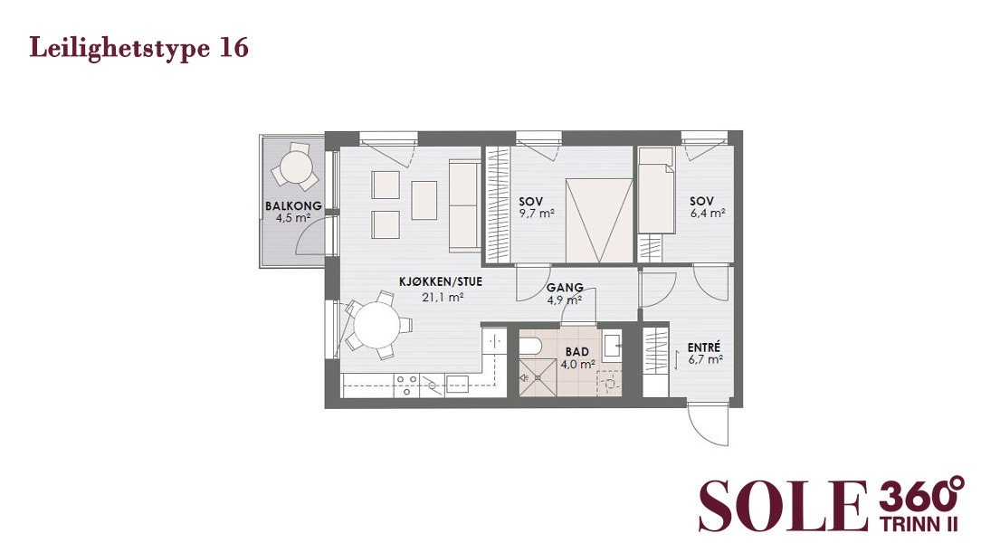 72 - 3-roms toppleilighet med perfekt planløsning. Leilighetstype 16. Galleribilde