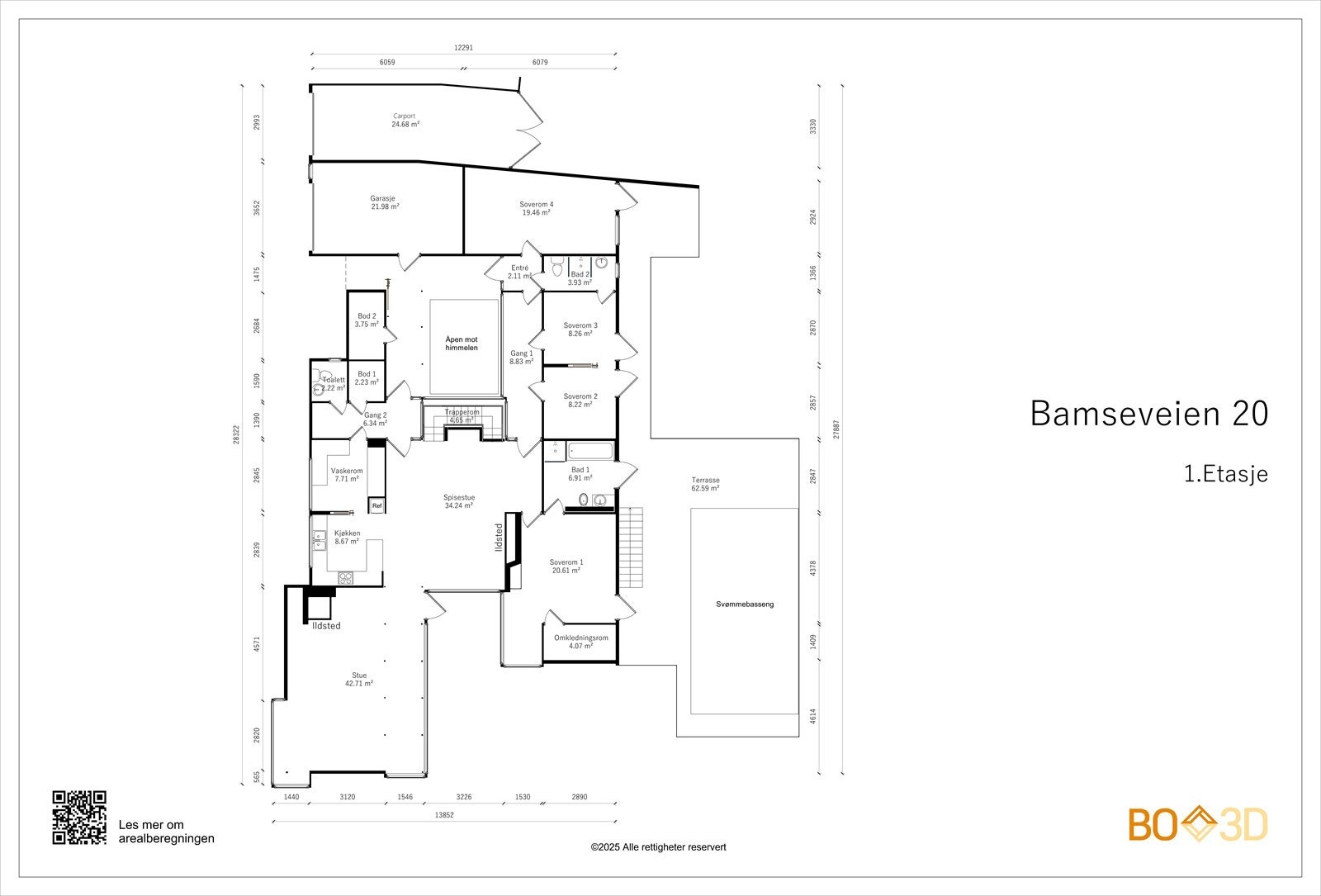 1.etg inneholder: Entré, gang med garderobe, separat wc, bod, vaskerom, kjøkken, stue, spisestue, 4 soverom, walk-in garderobe, 2 bad, Galleribilde