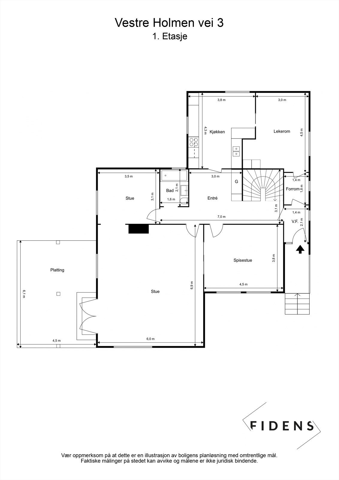 1. etasje: Vindfang, omkledningsrom, gang, kjøkken, bad, stue, tv-stue og spisestue. Galleribilde