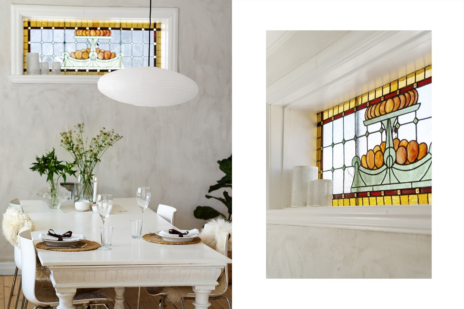 Nydelig og antatt originalt glassmaleri i den ene stuen. Galleribilde