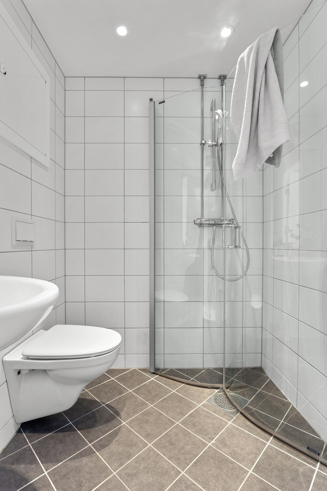 Inneholder heldekkende servant med underskap, speil og belysning, vegghengt toalett og dusjløsning med herdet glassvegger. Det er opplegg for vaskemaskin, og rommet har naturlig ventilasjon. Galleribilde