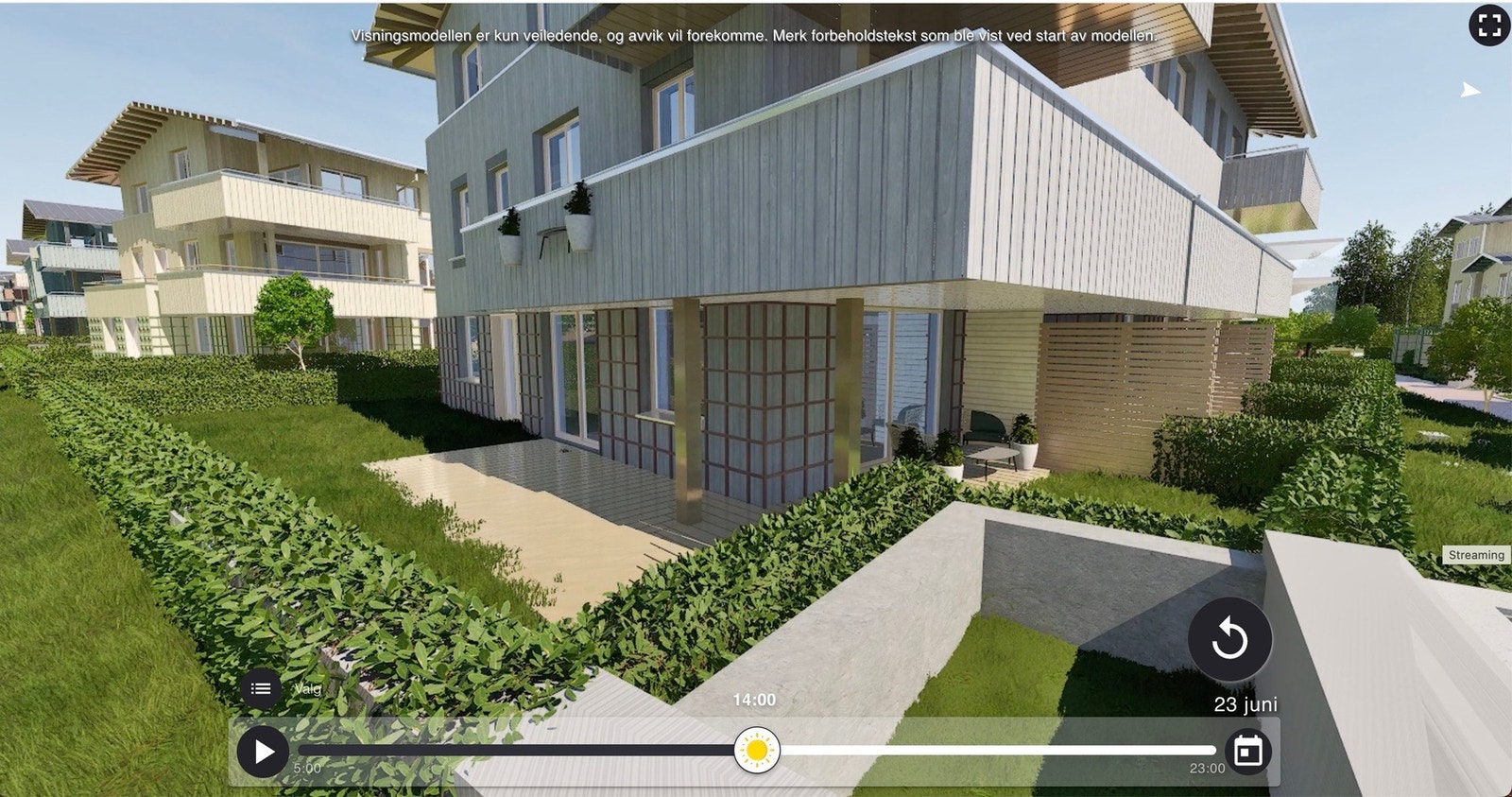 Bildet er fra utbyggers interaktive solmodell og viser terrasse og hage tilhørende leiligheten Galleribilde