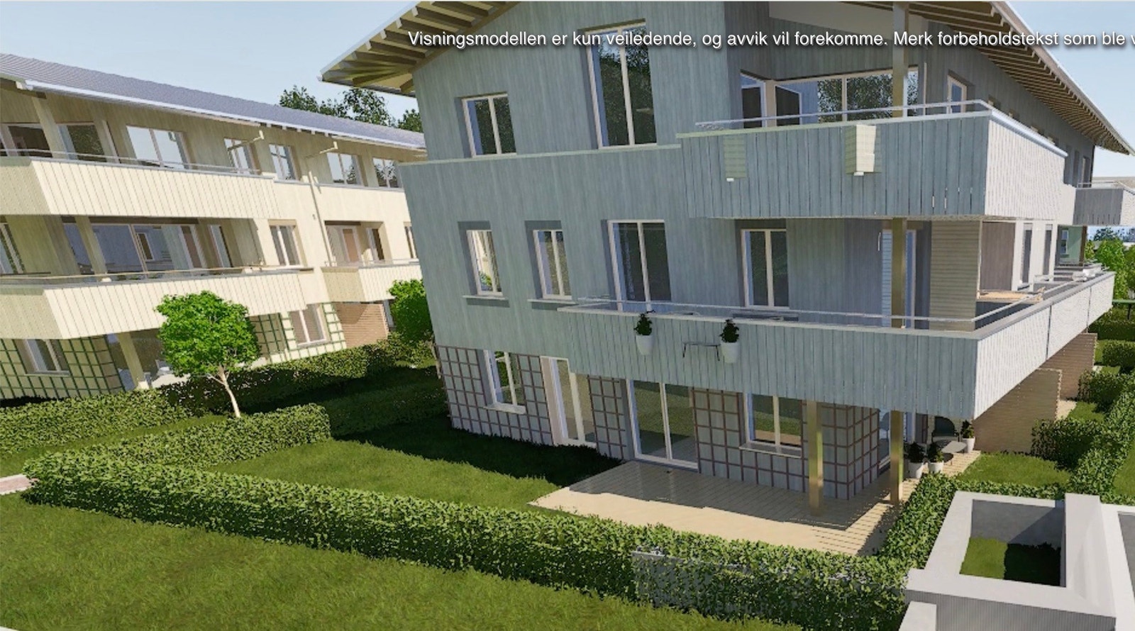 Bildet er fra utbyggers interaktive solmodell og viser terrasse og hage tilhørende leiligheten Galleribilde