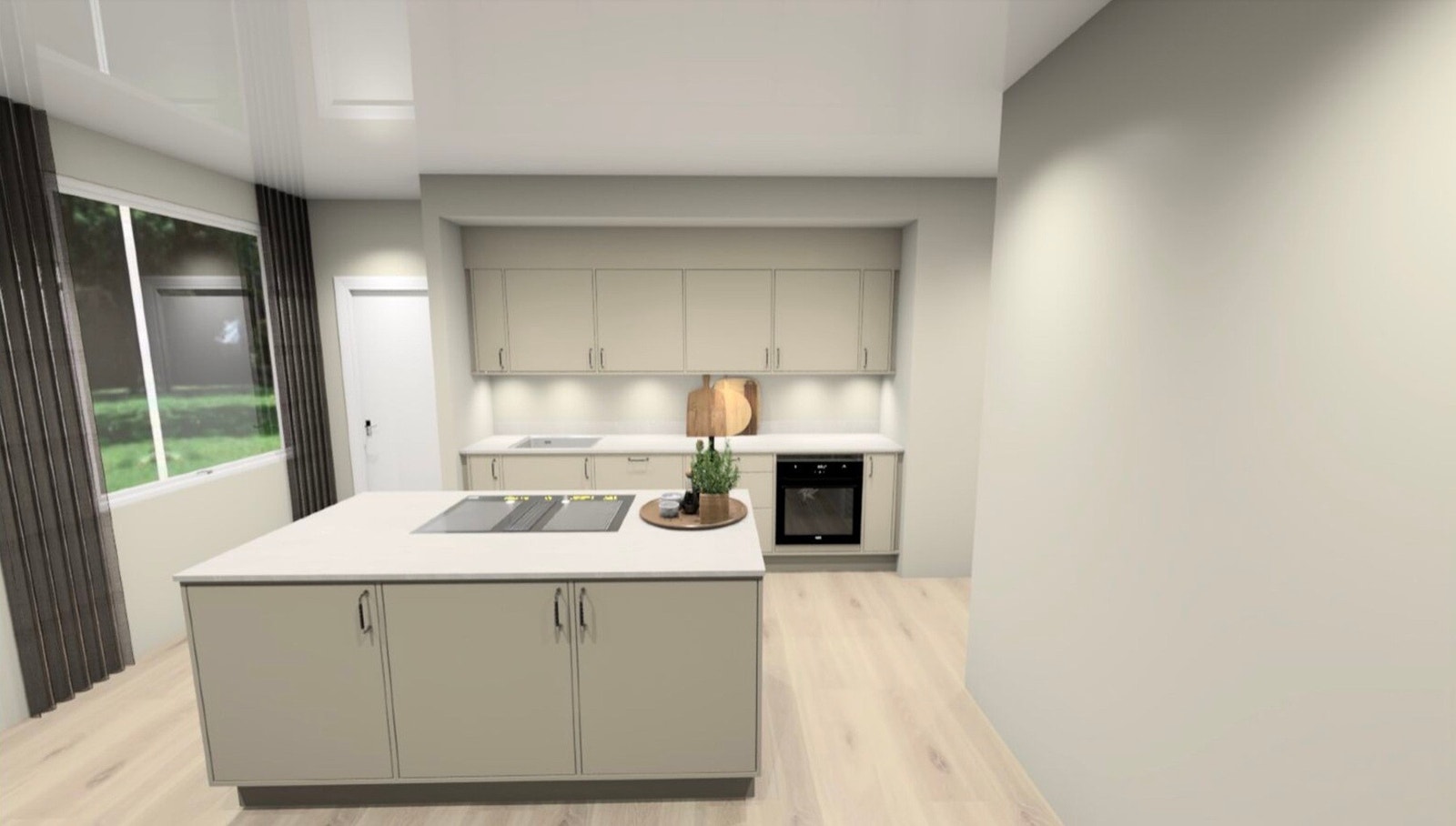 Selger har gjort tilvalg på kjøkken m/hvitevarer. Bildet viser illustrasjonen av kjøkkenet som er tilvalgt leiligheten Galleribilde