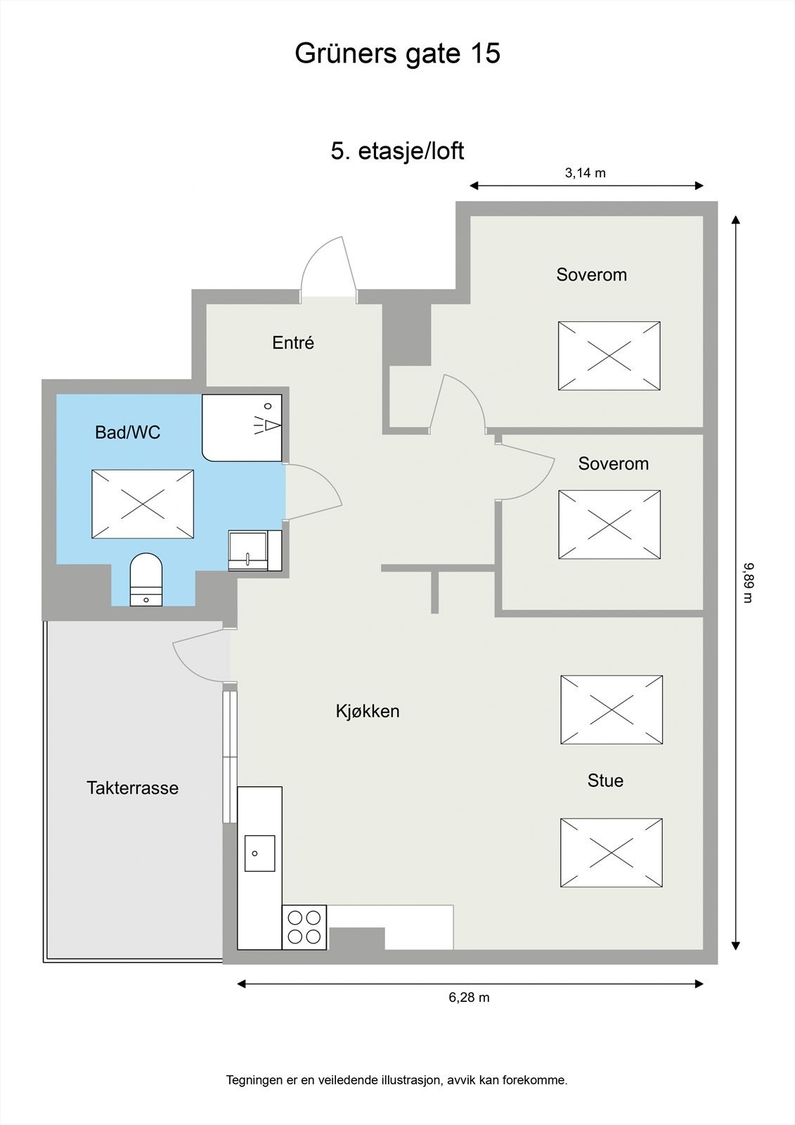 Leiligheten har en innholdsrik planløsning som inneholder stue og kjøkken i åpen løsning med utgang til takterrasse, 2 soverom og bad. Galleribilde