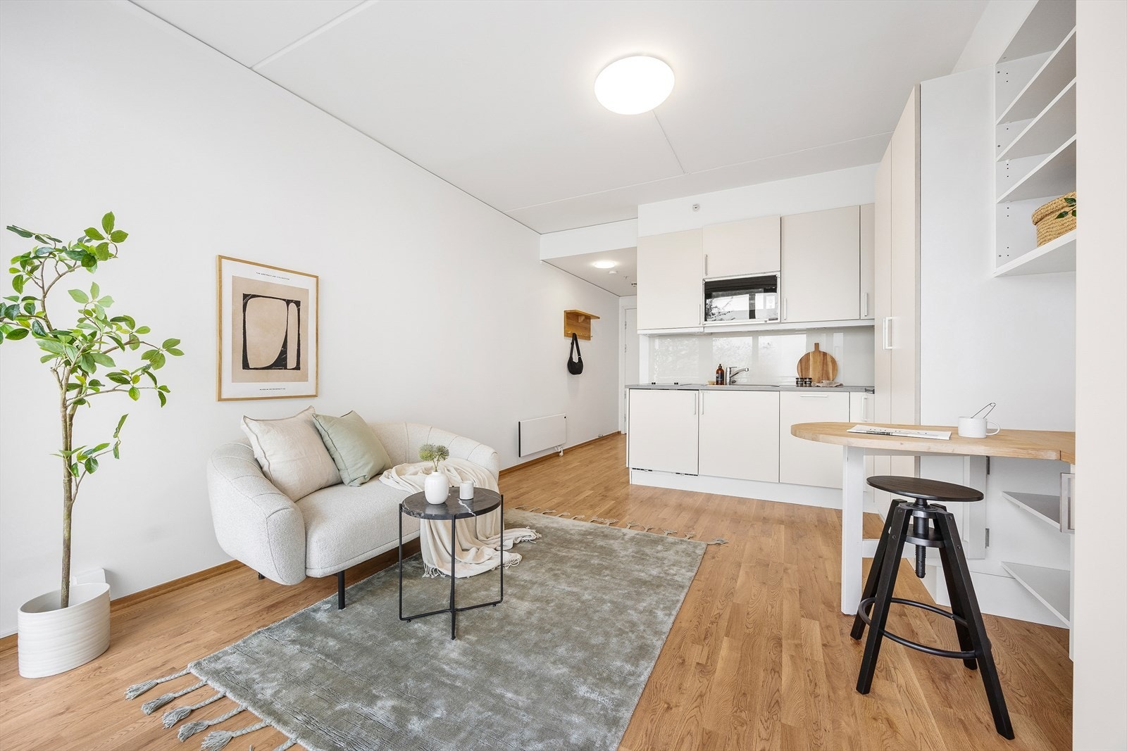 Stue med moderne innredning og praktisk kjøkkenkrok. Galleribilde