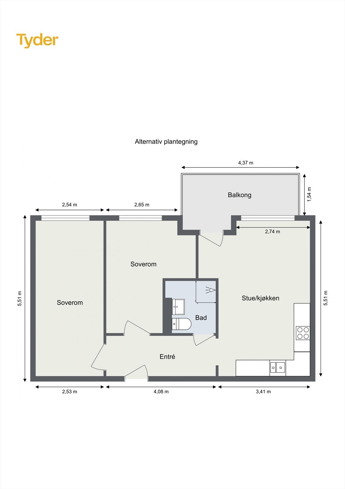 Alternativ planløsning for leiligheten. Eventuelle kostnader og risiko ved tilpasning bæres av kjøper. Galleribilde