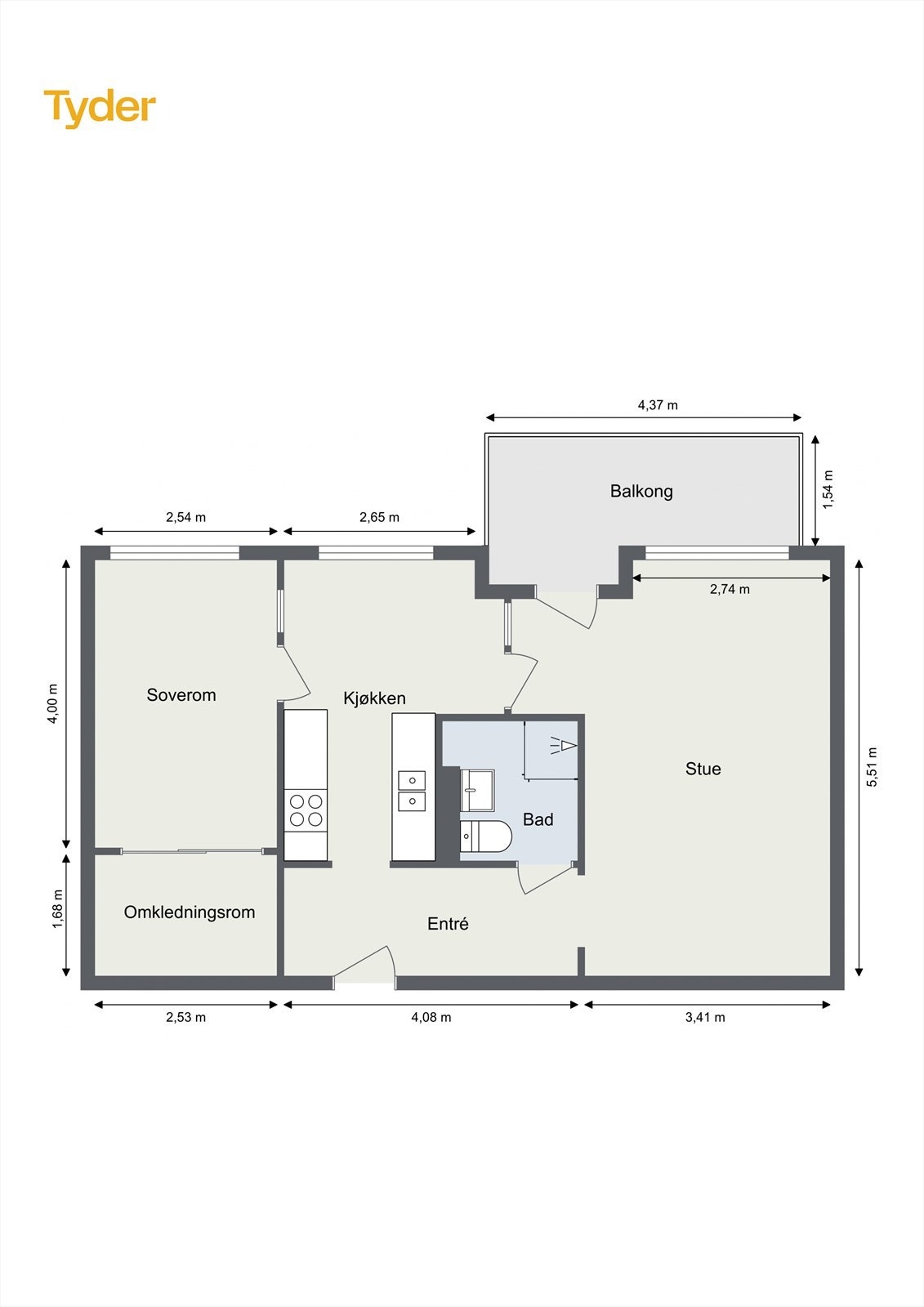 Oppmålt plantegning for leiligheten. Galleribilde