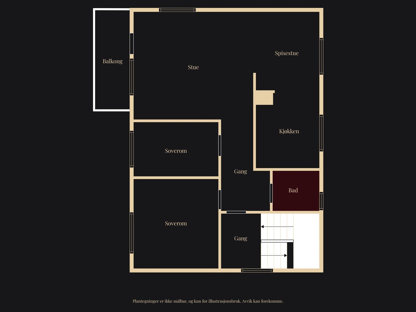 Plantegning for 2. etasje. Grunnet utleie, er det ikke utarbeidet plantegninger eller tatt bilder av 1. etasjen. Galleribilde