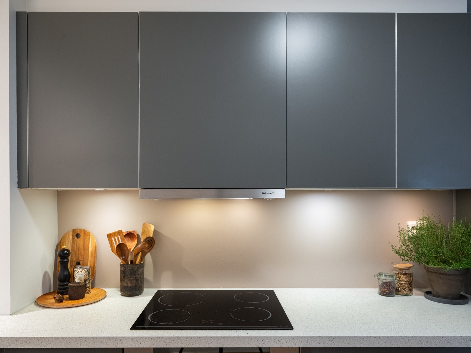 Det er belysning og stikkontakter over kjøkkenbenken. Galleribilde