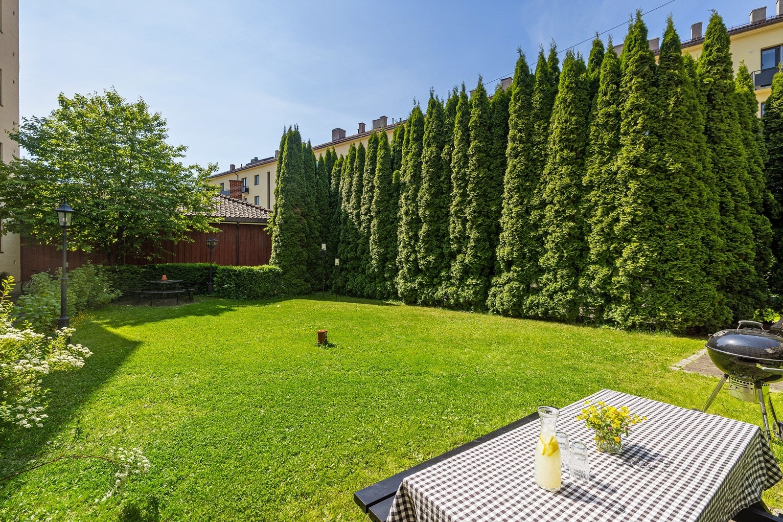 Bakgården er pent opparbeidet med plen, hekk og beplantning. Galleribilde